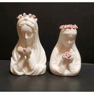 Virgin Mother Mary Madonna Figurine Bust Pair Holding Flowers & Wearing Wreaths